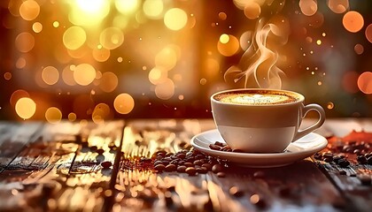 Steaming Coffee Cup with Bokeh Lights and Coffee Beans on Wooden Table