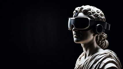 Classical marble statue wearing a modern VR headset on a black background, combining antique art with futuristic digital technology.