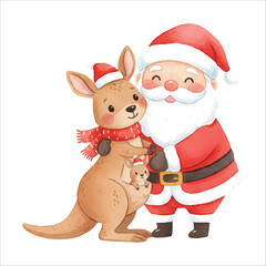 Vector Santa Claus with Kangaroo Isolated on White Background
