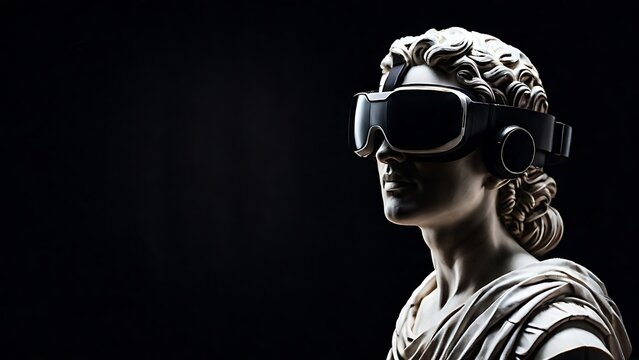 Classical marble statue wearing a modern VR headset on a black background, combining antique art with futuristic digital technology.