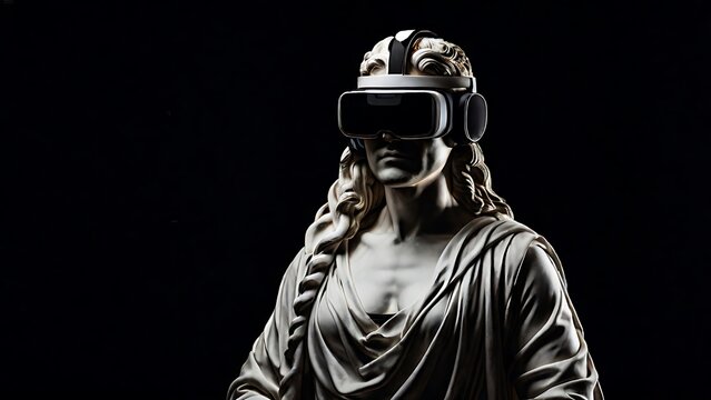 Classical marble statue wearing a modern VR headset on a black background, combining antique art with futuristic digital technology.