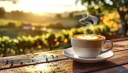 Steaming Latte Art on Rustic Table, Golden Sunrise Backdrop