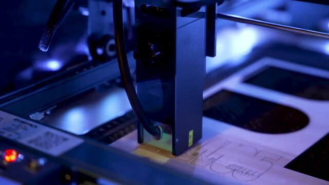 Laser engraver head cutting a pattern into a wooden sheet