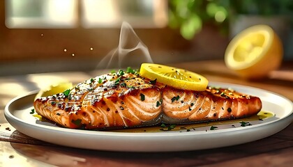 Steaming Salmon Fillet with Lemon and Parsley on Plate
