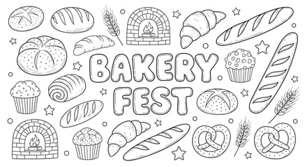 Hand-drawn outline illustration of assorted baked goods for a food festival, including bread, pretzels, muffins, and a traditional oven, isolated on a white background