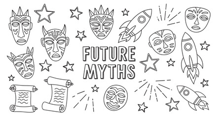 A conceptual doodle set combining ancient tribal masks and scrolls with futuristic rockets and stars, illustrating future mythology in a simple black and white line art style