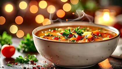 Steaming Vegetable Soup Bowl with Bokeh Lights and Fresh Herbs