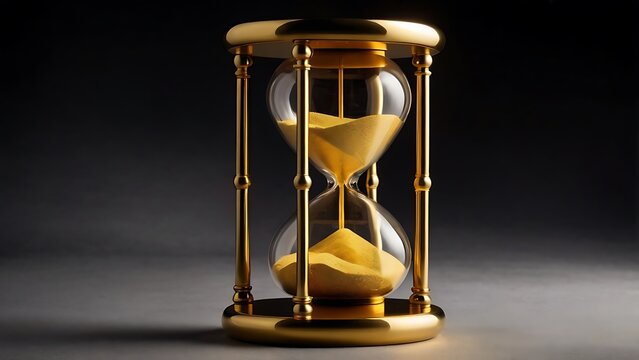 Luxury gold hourglass with sparkling sand on a black background, symbolizing time, elegance, and precision.