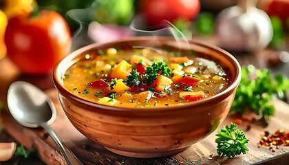 Steaming Vegetable Soup in Rustic Bowl with Fresh Herbs and Spoon