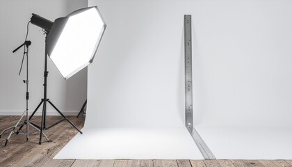 Studio Setup with Softbox and Metal Ruler on White Backdrop, Wooden Floor