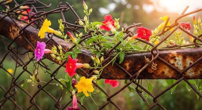 Colorful flowers and green leaves growing through a rusty chain-link fence in a natural outdoor setting with sunlight filtering through - Powered by Adobe