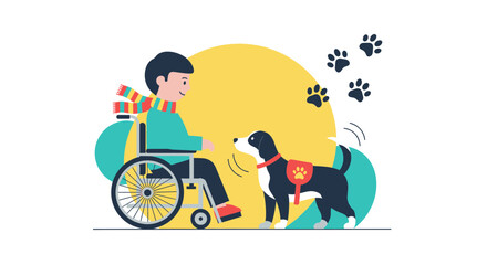 Fototapeta premium A Person In A Wheelchair Interacts Delightfully With An Adorable Trained Assistance Dog