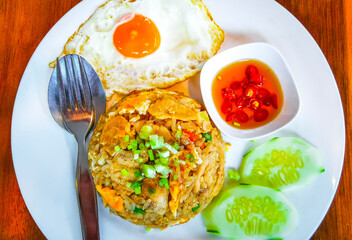 Thai food fried rice with chicken chili lime egg Thailand.