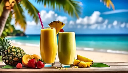 Tropical Beach Smoothies: Vibrant Colors, Fresh Fruits, and Ocean View