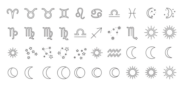 A collection of minimalist black line art icons featuring all twelve zodiac signs, sun, moon phases, and star constellations for astrological and esoteric concepts on a white background