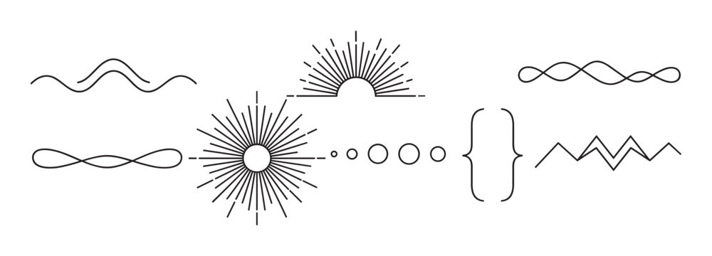 A collection of minimalist black line art design elements, including sunbursts, waves, and geometric dividers, isolated on a clean white background for graphic design projects