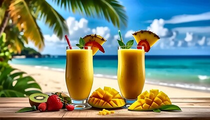 Tropical Mango Smoothie Bliss: Beachfront Refreshment with Exotic Fruits