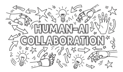 Obraz premium A black and white doodle illustration about Human-AI collaboration, showing robotic and human hands, light bulbs for ideas, and arrows symbolizing teamwork and innovation