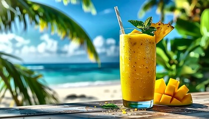 Tropical Mango Smoothie on Beach Deck with Pineapple Garnish and Mint