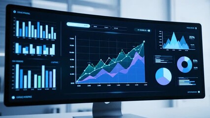 A curved computer monitor displaying various data visualizations, including graphs and charts, in a futuristic setup - Powered by Adobe