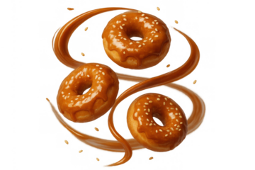 Donuts with caramel glaze and sesame seeds falling, creating a delicious dessert splash on transparent background