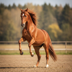 Fototapeta premium Magnificent sorrel horse rearing in a sandy arena