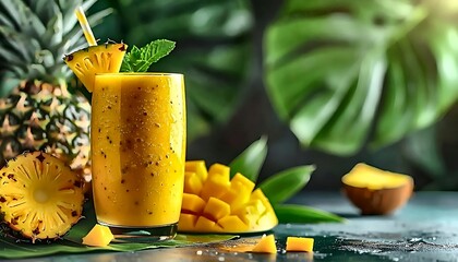 Tropical Mango Pineapple Smoothie with Garnish and Lush Greenery Backdrop
