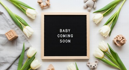 Baby Coming Soon - Pregnancy Announcement with Tulips and Stuffed Animals