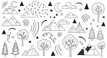 A cute collection of hand-drawn nature icons in a simple black line art style, including mountains, forests, stars, and a crescent moon, isolated on a white background
