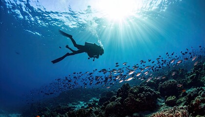 Diver Swimming Beside Coral Reefs and Fish in Tropical Waters Sunlight Breaking Through Surface Blue Underwater Landscape Marine Ecosystem