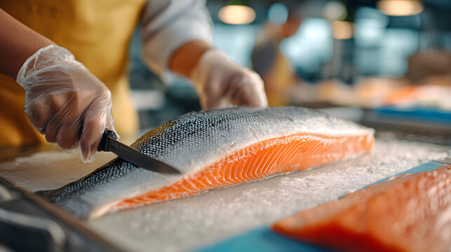 A person fillets a salmon with a knife and wearing plastic gloves in the background of a butcher shop.