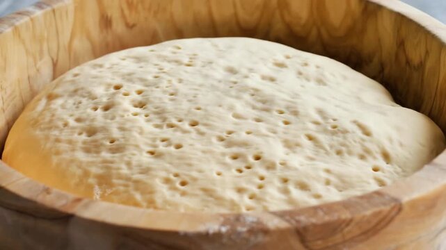 Fresh bread dough rising naturally in wooden bowl. Gluten free whole grain bread. Homemade Bakery. Comfort Food Concept. Culinary clip, reels, video content.