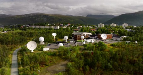 Drone arc view of Kongsberg satellite services in Tromso, Norway