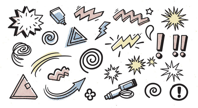 A diverse collection of hand-drawn doodle elements in a retro comic book style, featuring explosions, lightning bolts, and abstract shapes with a colorful halftone dot texture
