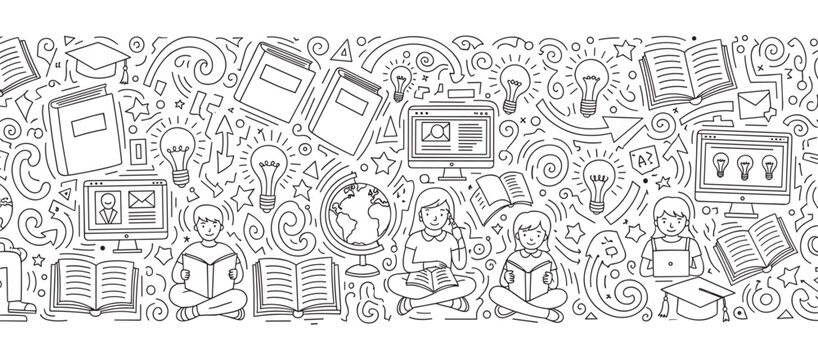 Creative hand-drawn doodle banner with children reading books, surrounded by educational symbols like computers, light bulbs, and a globe, illustrating the concept of learning and knowledge