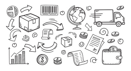 Hand-drawn doodle set of logistics and e-commerce icons including a delivery truck, parcel, globe, and money, illustrating concepts of global shipping and online business