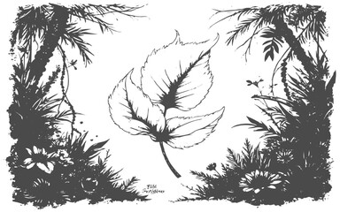 Hand drawn summer leaf floral sketch with tropical jungle foliage and exotic botanical elements in elegant grunge vector style