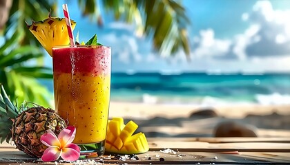 Tropical Smoothie Delight: Beachside Refreshment with Pineapple, Mango, and Frangipani