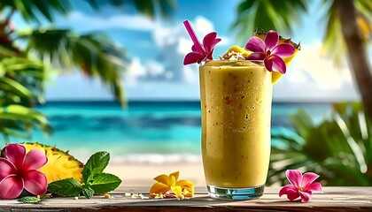 Tropical Mango Smoothie with Orchid Blooms on Beach Paradise