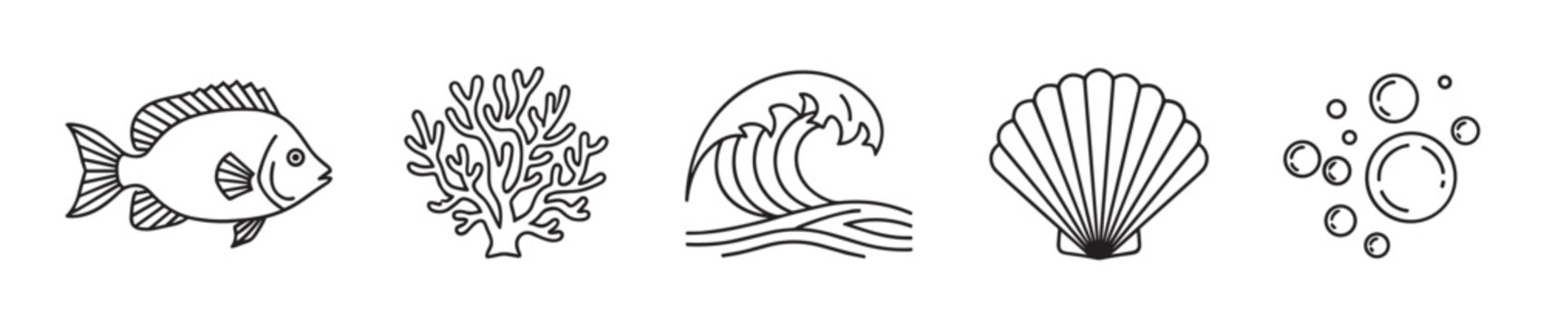 A set of minimalist black and white line art icons representing marine life and the sea, featuring a fish, coral, ocean wave, seashell, and bubbles isolated on a white background
