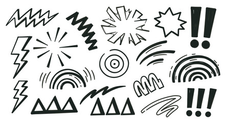A collection of hand-drawn black doodle elements in a comic book style, featuring expressive scribbles, zigzags, explosions, and exclamation marks on a light background