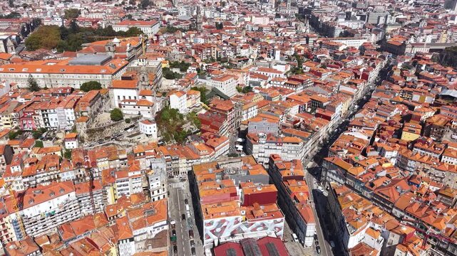 Aerial View of Porto, Portugal. Old Town Buildings and Streets, Drone Shot