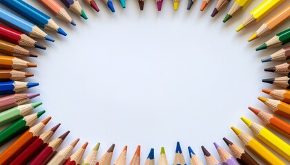 Vibrant Colored Pencils Circle Frame on White Background, Top-Down View, Art Supplies