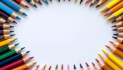 Vibrant Colored Pencils Circle Frame on White Background, Top-Down View