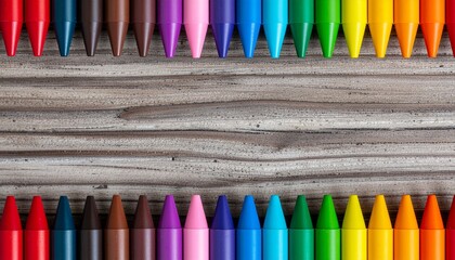 Vibrant Crayons Bordering Rustic Wood: Colorful Art Supplies on Textured Surface