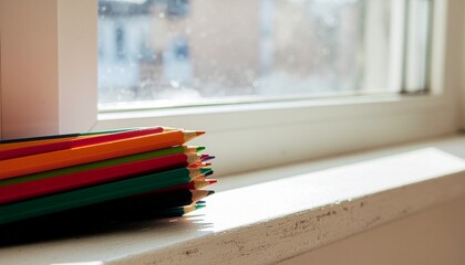Vibrant Colored Pencils Stacked on White Window Sill Bathed in Sunlight