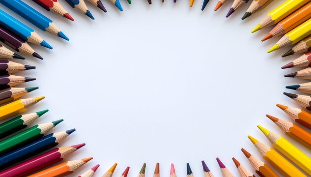 Vibrant Colored Pencils Circle Frame on White Background, Top-Down View