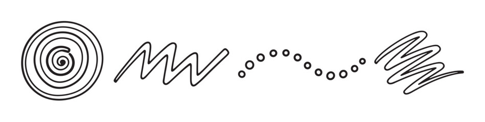 Naklejka premium Hand-drawn abstract line art collection featuring various doodle shapes like a spiral, scribble, zigzag, and dotted wave, isolated on a white background in a simple monochrome style