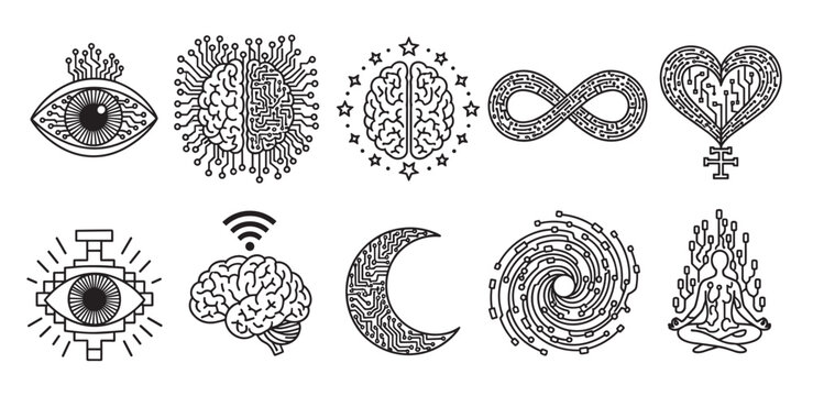 A collection of black and white line art icons blending technology and spirituality, featuring circuit board brains, eyes, hearts, and esoteric symbols on a white background