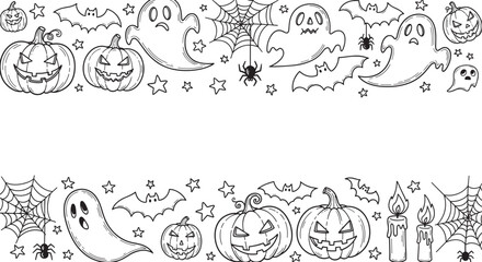 Festive Halloween border with hand-drawn black and white doodles of jack-o'-lanterns, ghosts, bats, and spiders, creating a fun and spooky frame on a white background